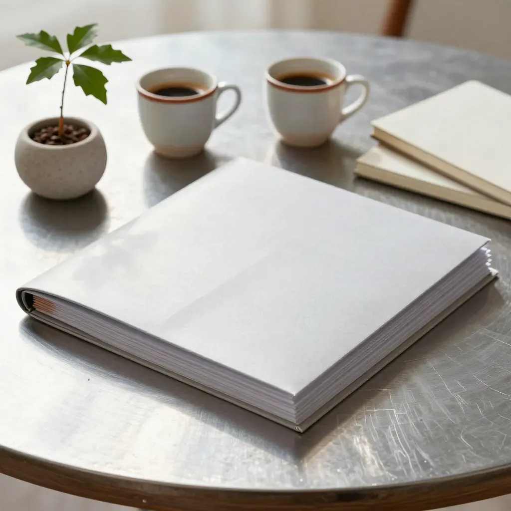 Cap-table folder, espresso cups, and oak sapling on a stone table in soft morning light.