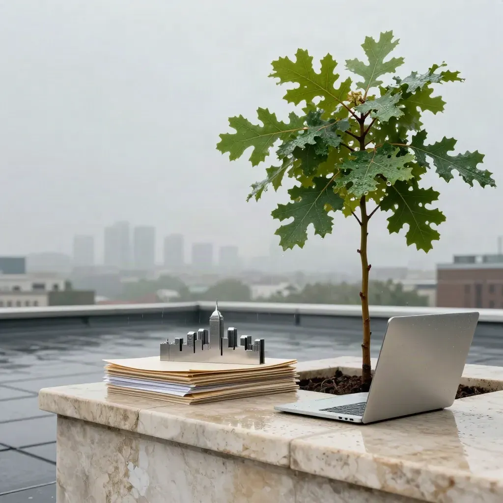Rain-soaked oak sapling beside deal folders, skyline model and silver laptop on a rooftop