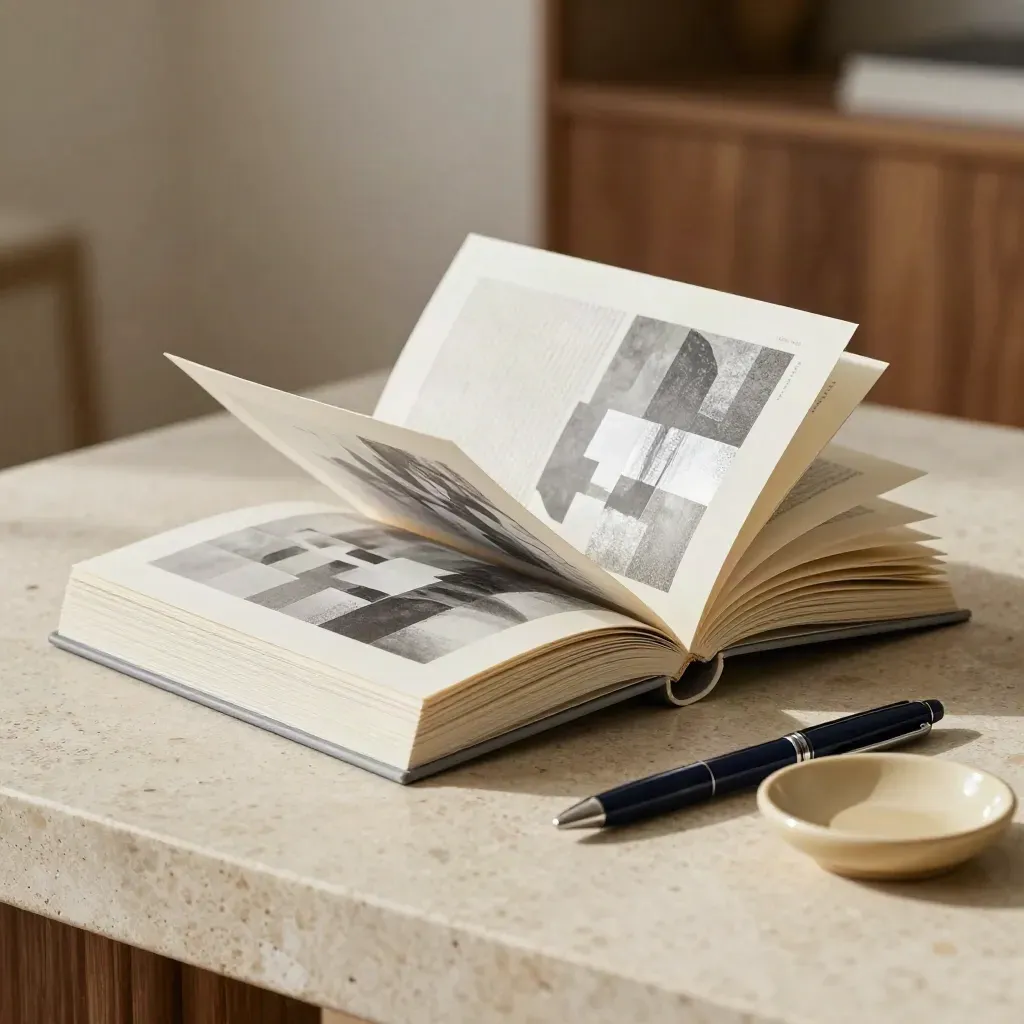 Fanned pitch boards, navy pen and ceramic dish on travertine in soft window light.