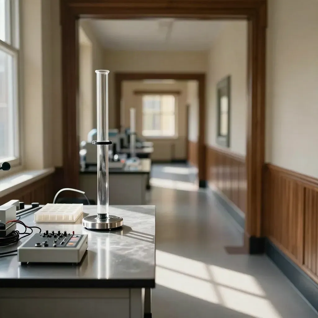 Quiet lab corridor with glass cylinder, sample trays, and prototype module in morning light.