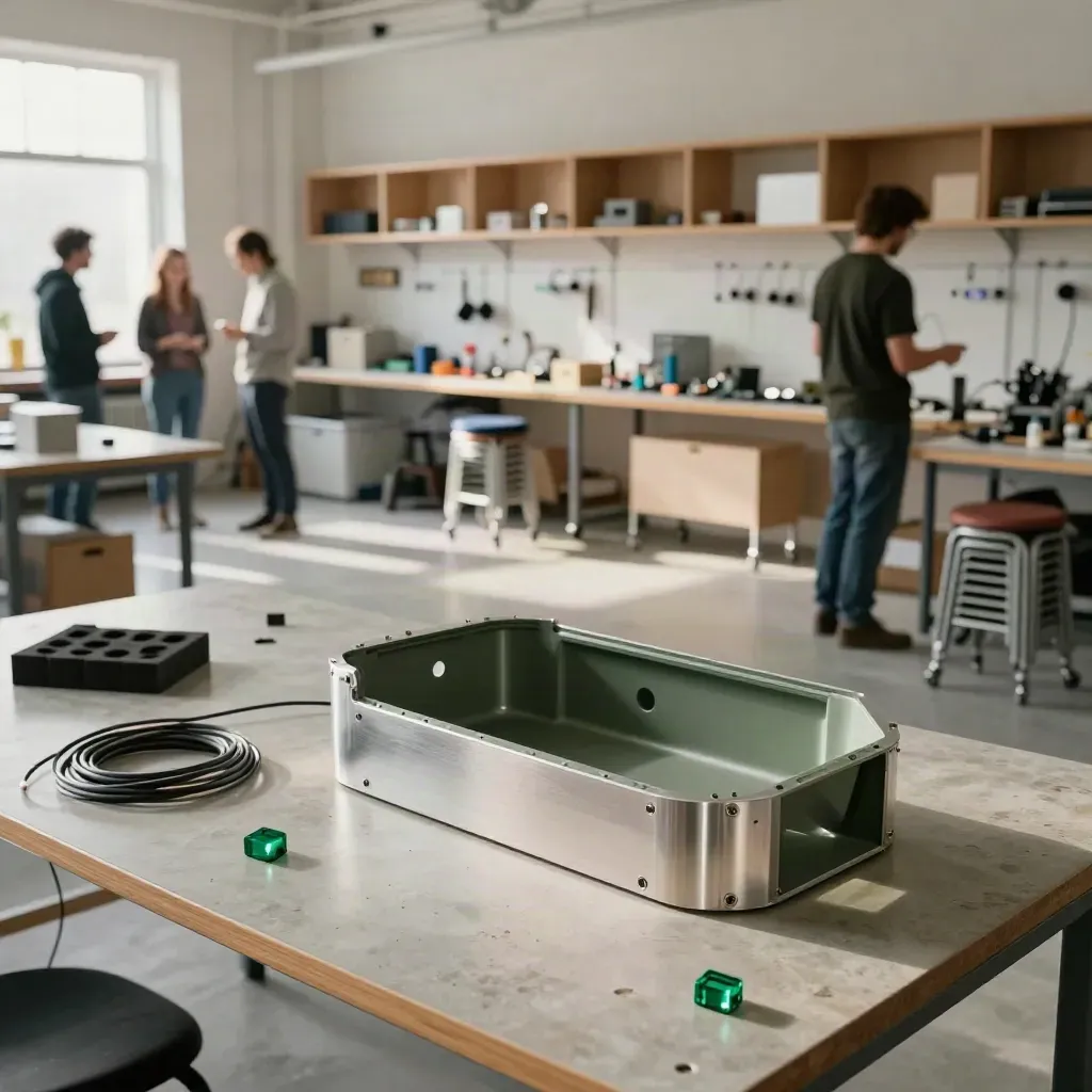 Industrial startup workshop with prototype casing, demo wall, and stacked stools