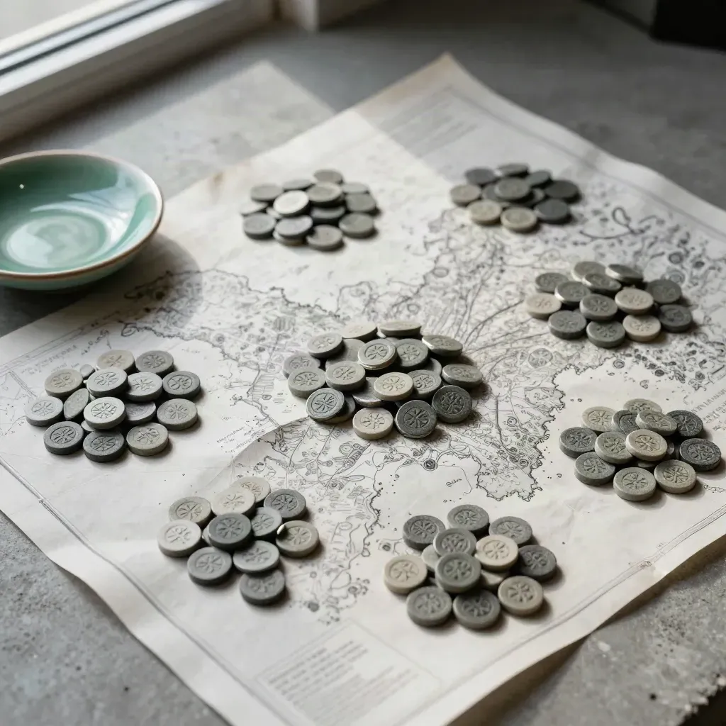 Overhead macro of stone tokens clustered on a folded map beside an emerald ceramic dish.