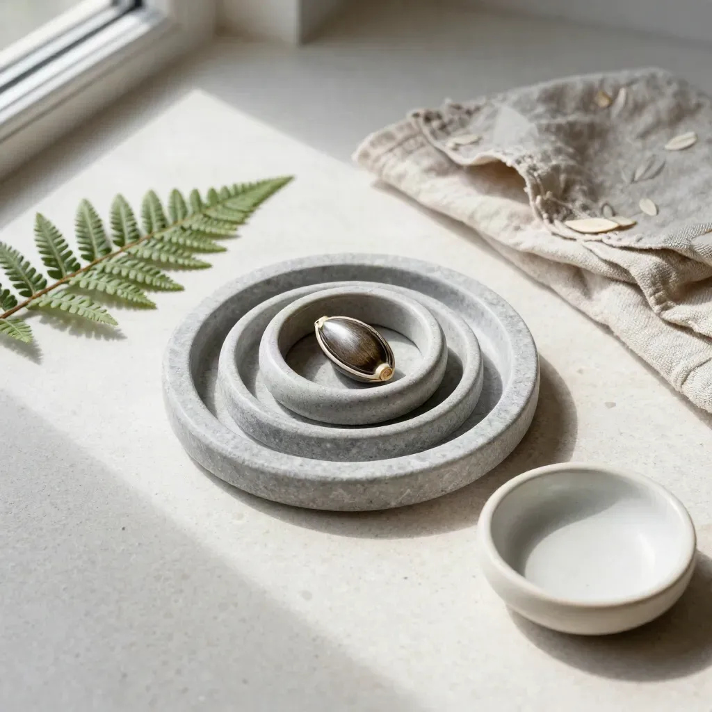 Stone rings around a seed pod with fern, linen, and ceramic dish on pale travertine.