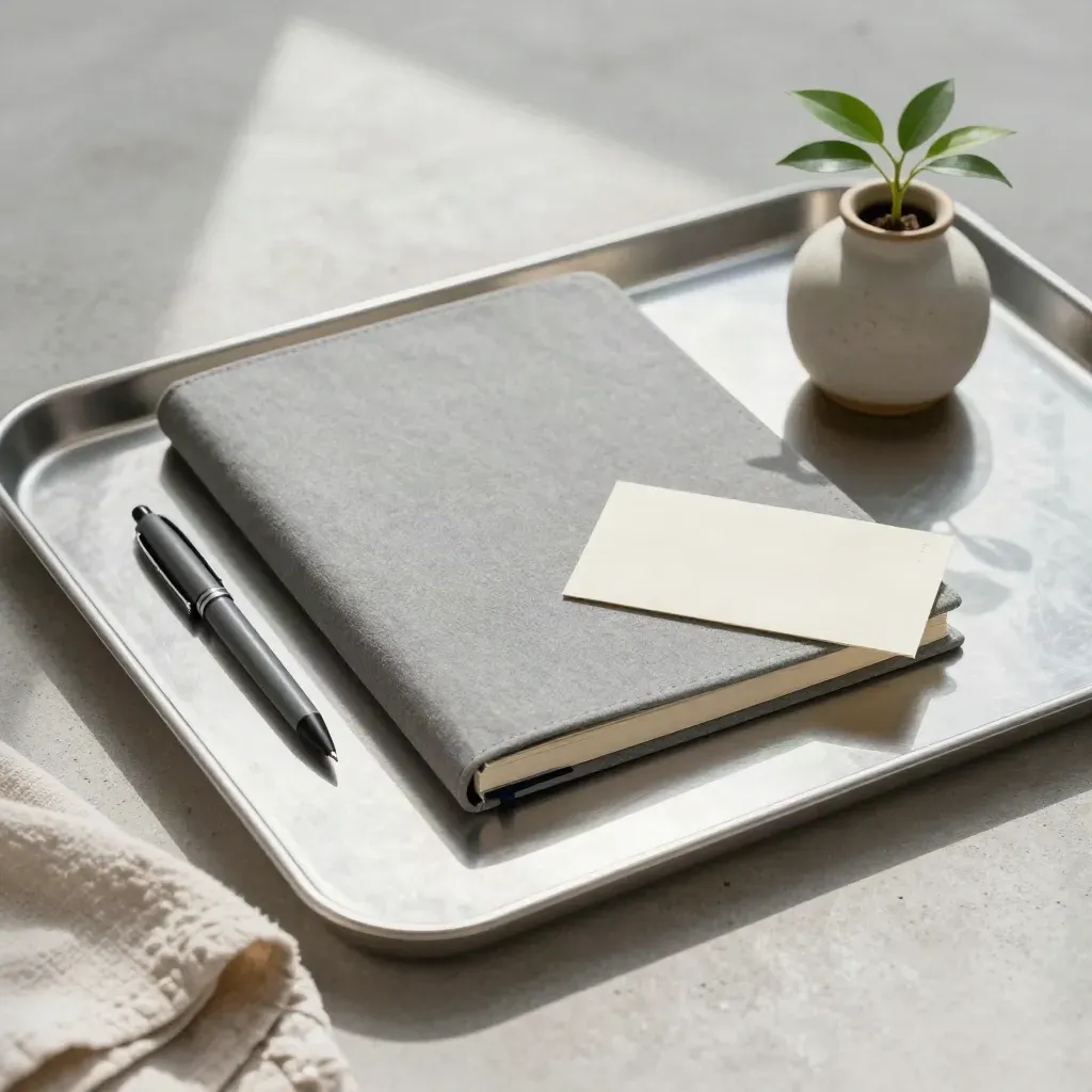 Minimal pitch deck binder with pen, cards and plant on a metal tray in soft daylight.